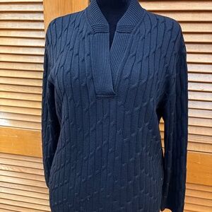 Bogner V-Neck Cable Knit Wool Sweater - Black - Large